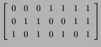 $\displaystyle \left[\begin{array}{ccccccc}
0& 0& 0& 1& 1& 1& 1 \\
0& 1& 1& 0& 0& 1& 1 \\
1& 0& 1& 0& 1& 0& 1 \end{array}\right]$