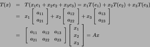 \begin{displaymath}\begin{array}{ccl}
T(x)&=&T(x_1e_1+x_2e_2+x_3e_3)=x_1T(e_1)+x...
...begin{array}{c}x_1\\ x_2\\ x_3\end{array}\right]=Ax
\end{array}\end{displaymath}