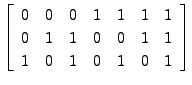 $\displaystyle \left[\begin{array}{ccccccc}
0& 0& 0& 1& 1& 1& 1 \\
0& 1& 1& 0& 0& 1& 1 \\
1& 0& 1& 0& 1& 0& 1 \end{array}\right]$