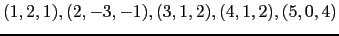 $ (1,2,1),(2,-3,-1),(3,1,2),(4,1,2),(5,0,4)$