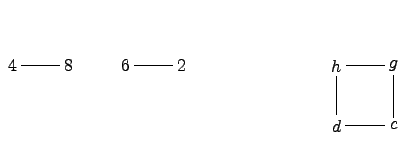 $\displaystyle \xymatrix{
4 \ar@{-}[r] & 8 & 6\ar@{-}[r] &2}
\hspace*{3cm}
\xymatrix{
h\ar@{-}[d]\ar@{-}[r] & g\ar@{-}[d]\\
d\ar@{-}[r] & c}$