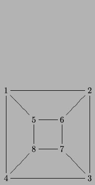 $\displaystyle \xymatrix{
1 \ar@{-}[rrr]\ar@{-}[rd] & & &2 \ar@{-}[ld] \ar@{-}[d...
... 8 \ar@{-}[r] \ar@{-}[ld] & 7 &\\
4 \ar@{-}[rrr]\ar@{-}[uuu]& & &3\ar@{-}[lu]}$