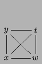 $\displaystyle \xymatrix{
y\ar@{-}[r]\ar@{-}[rd]\ar@{-}[d] & t\ar@{-}[d] \\
x\ar@{-}[r]\ar@{-}[ru] & w}$