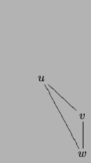 $ \xymatrix{
& u \ar@{-}[rdd] \ar@{-}[rd] & \\
&& v\ar@{-}[d]\\
&& w}$