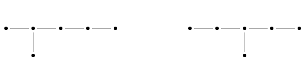 $\displaystyle \xymatrix{
\bullet\ar@{-}[r] &\bullet\ar@{-}[r]\ar@{-}[d] &\bulle...
... &\bullet\ar@{-}[r]\ar@{-}[d] &\bullet\ar@{-}[r] &\bullet\\
& & \bullet & & }
$