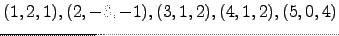 $ (1,2,1),(2,-3,-1),(3,1,2),(4,1,2),(5,0,4)$
