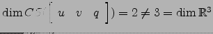 $ \dim CS(\left[\begin{array}{ccc} u & v & q\end{array}\right]) =2\ne 3=\dim {\mathbb{R}}^3$